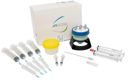 The MiniTC kit showing its components shown in a page comparing microfat to PRP and BMAC.