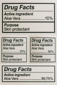 Shows various product labels with different amounts of aloe vera.