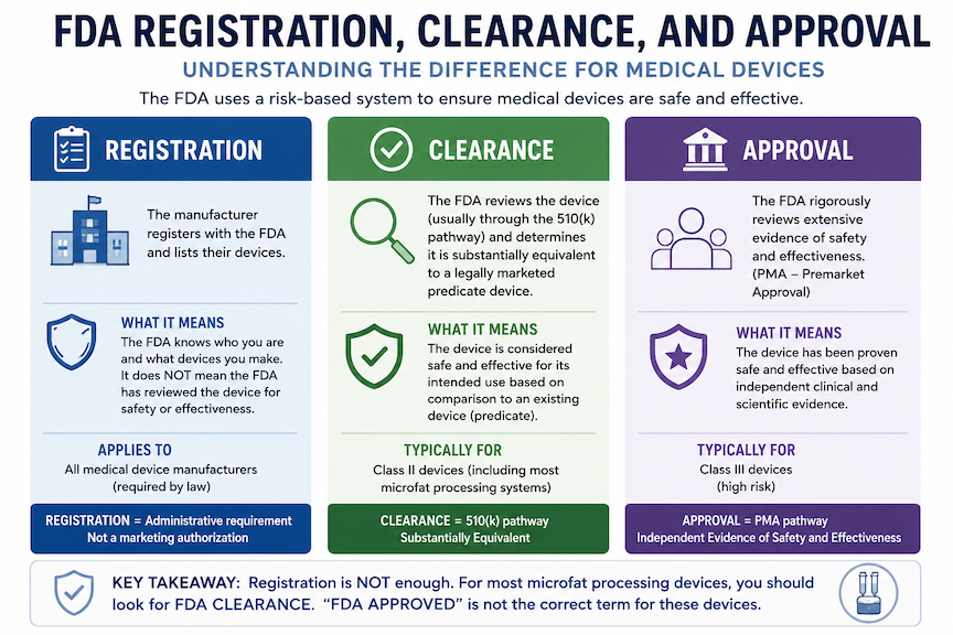 Une infographie montrant les différences entre enregistré par la FDA, autorisé par la FDA et approuvé par la FDA concernant les dispositifs de traitement de la micro-graisse.